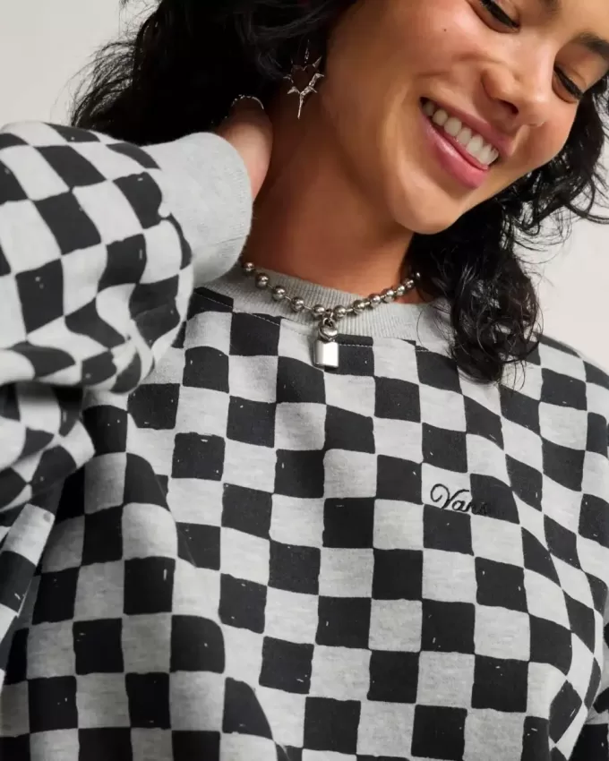 Retro-Sweatshirt mit Schachbrettmuster und Rundhalsausschnitt